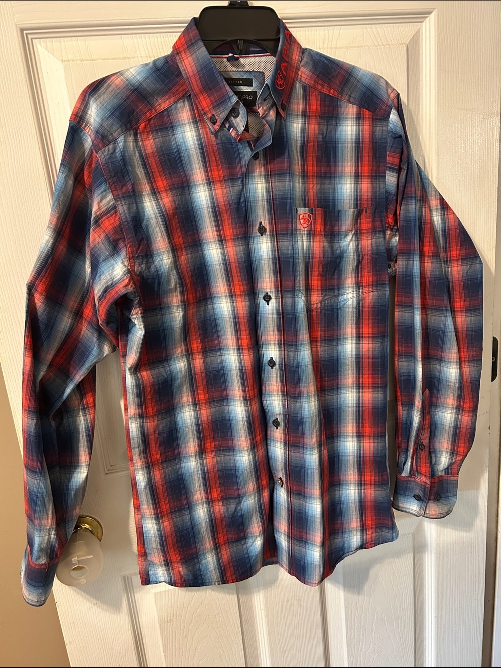 Ariat Pro Men’s Red, Blue and White Plaid Button-Down Shirt